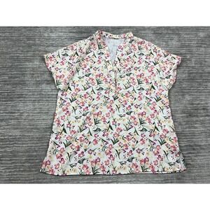 Zia Top Womens Small‎ White Floral Short Sleeve Vneck Casual